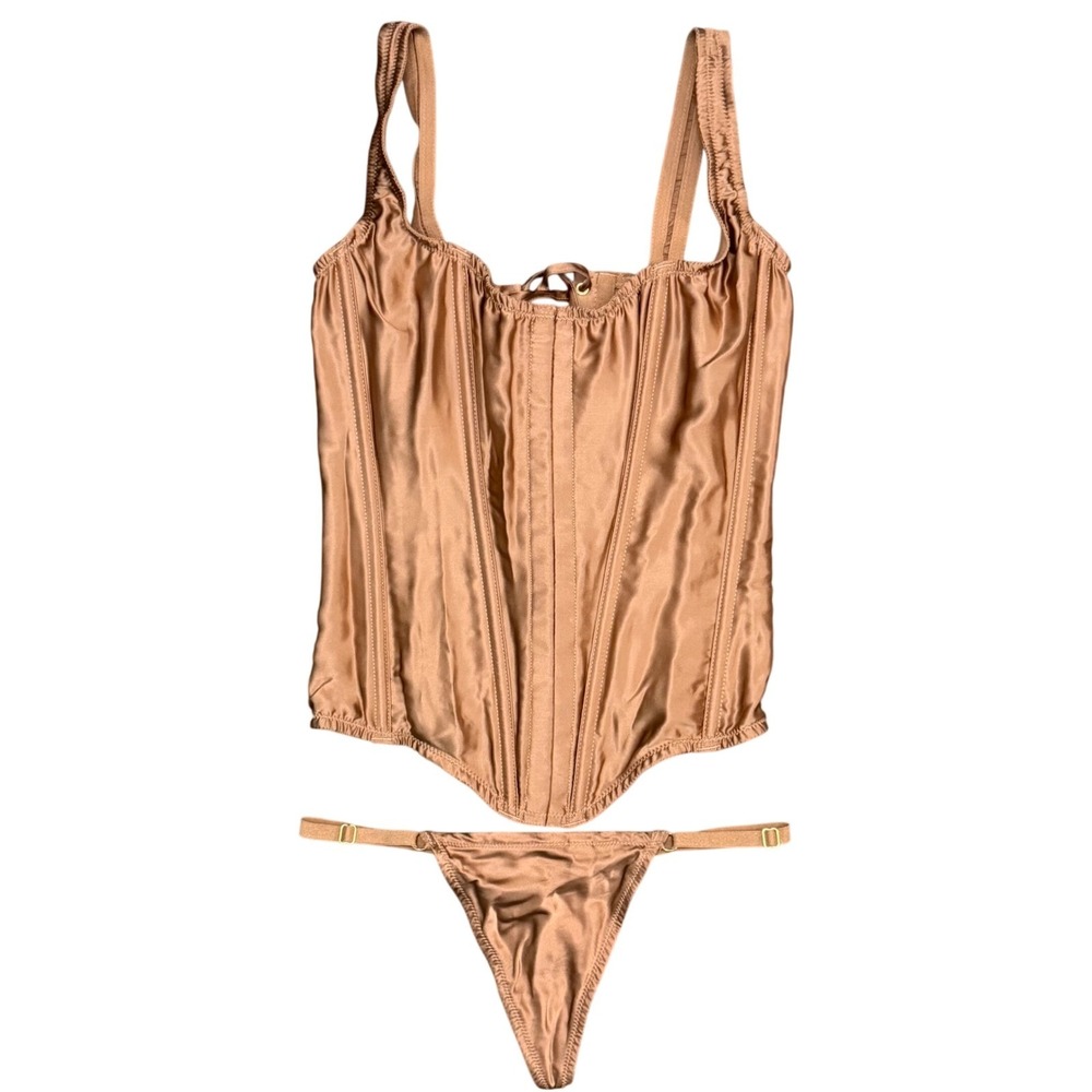 Victorias Secret Silk Corset Top and Thong Set Copper Bronze M 11239121 NEW